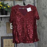 Belle By Kim Gravel Front Knit Back V-Neck Short Sleeve Top Zinfandel Red S