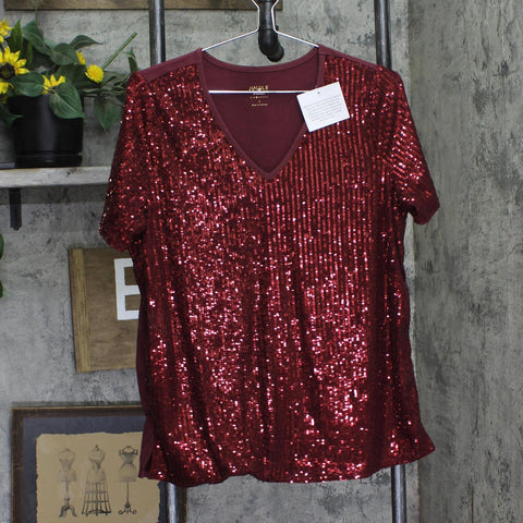 Belle By Kim Gravel Front Knit Back V-Neck Short Sleeve Top Zinfandel Red S