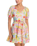 Aqua Belted Woven Tile Puff Sleeve V-Neck Dress IDO12876 Pink Multi XL