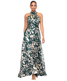Betsy & Adam Metallic Crinkle Halter Neck Floor Dress Gown Green / Gold 4P