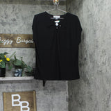 Kasper Womens Keyhole Ring Short Sleeve Knit Top Blouse 10924137 Black L