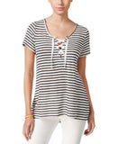 Freshman Juniors Knit Striped Lace-Up T Shirt Top Black / White XL