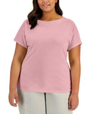 Karen Scott Women’s Crochet Trim Short Sleeve Boat Neck Top Boca Blush Pink 0X