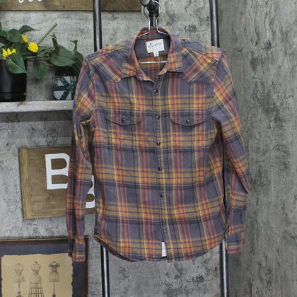 Lucky Brand Saturday Stretch Snap Front Western Flannel Shirt Brown Gray Multi S