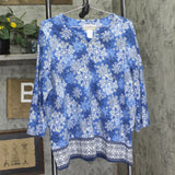 Alfred Dunner 3/4 Sleeve Embellished Neckline Snowflake Knit Top Blue Multi 1X
