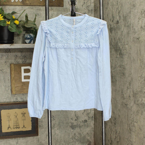 Hansoll Textile Knit Half Button Crochet Front Blouse Shirt Top Light Blue