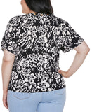 Belldini Grommet Detail Floral Short Sleeve Knit Top AK250442X Black Combo 1X
