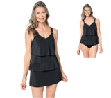 Susan Graver Tiered 3-Piece Tankini Set with Swim Skirt & Brief Black 24W