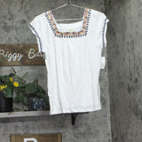 Style & Co. Womens Embroidered Flutter-Sleeve Top Bright White Multi S