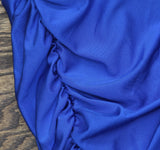 B Darlin Sleeveless Shirred Ruffled Trim Bodycon Cocktail Dress Ocean Blue L