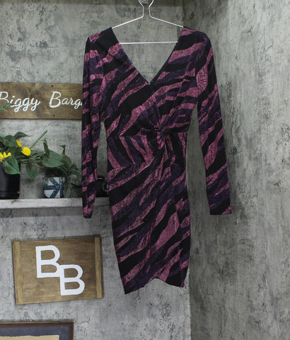 Siena Womens Metallic Side-Twist Long Sleeve Faux Wrap Mini Dress Purple Multi 8