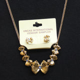 Fashion Ribbon Bow Stone Crystal Necklace Earring Set Gold / Blue 14" + 3.5"