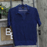 Alfani Pointelle Polo V-Neck Ribbed Knit Sweater Top Blazing Navy Blue M