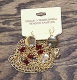 Fashion Triple Chain Layer Disc Pendant Earring Necklace Set Gold / Red 16" + 3"