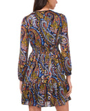 MSK Petite Paisley Split-Neck Chiffon Pleated Dress Black / Navy Multi PS