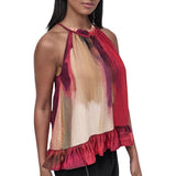 DKNY Printed High-Neck Sleeveless Blouse Shirt Top Brush Stroke Red Multi L