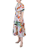Ny Collection Short Sleeve Midi Length Jacquard Dress Country Painting White S