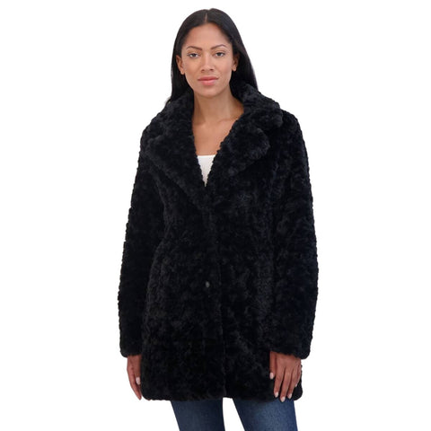 Sebby Collection Womens Reversible Crushed Faux Fur Button Front Coat Black L