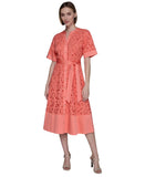 Karl Lagerfeld Paris Eyelet Cotton A-Line Shirtdress Belted Coral Orange Pink 16