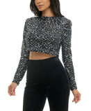 Alex & Sophia Cropped Faux-Pearl-Trim Sequin Velvet Top Charcoal Black 2XS