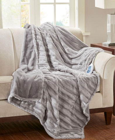 Beautyrest Duke Ribbed Electric Faux-Fur Throw Blanket Gray 50"x70"