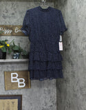 Crystal Doll Short Puff Sleeved Sheer Fit Flare Dress Navy Blue / White L