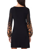 MSK Round Neck Contrast Sheer Long Sleeve Midi Shift Dress Black / Multi PS