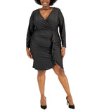 B Darlin Womens Trendy Plus Size Satin Surplice Bodycon Dress AA48934 Black 22W