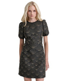 DKNY Womens Petite Puffed-Sleeve Brocade-Texture Mini Dress Black / Gold 6P