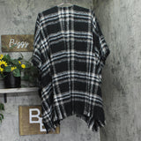 Marcus Adler Womens Open-Front Plaid Fringe-Trim Winter Fuzzy Kimono Black Multi