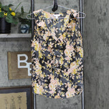 LC Lauren Conrad Womens Shiny Ruffle Trim V-Neck Blouse Shirt Top Black Floral S
