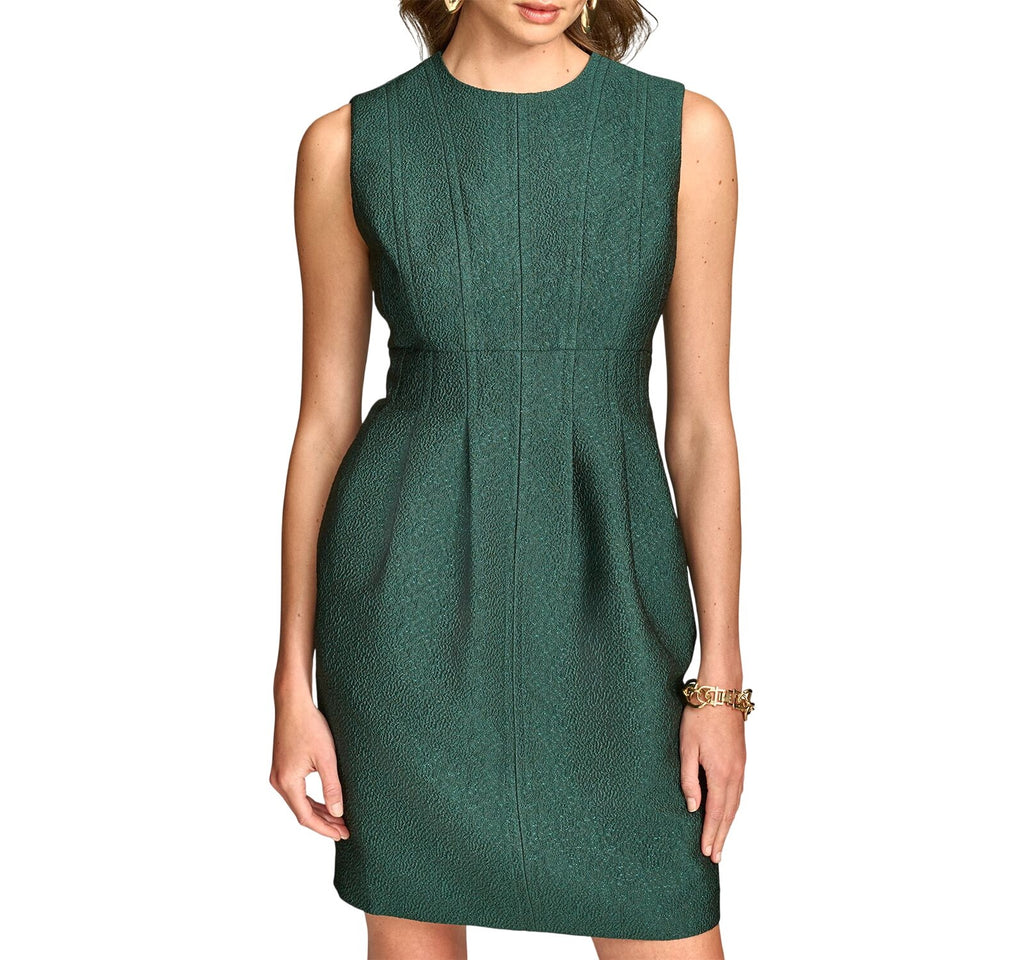 Donna Karan Jacquard Sheath Shimmer Round Neck Sleeveless Dress Spruce Green 12