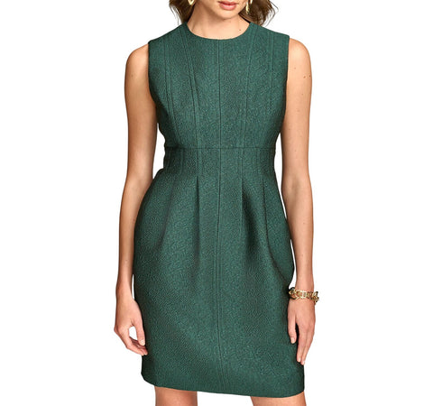 Donna Karan Jacquard Sheath Shimmer Round Neck Sleeveless Dress Spruce Green 12