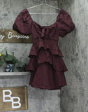 Crystal Doll Sweetheart-Neck Puffed Sleeve Fit Flare Dress Merlot Red 2XS