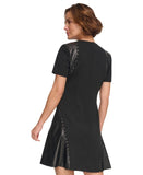 DKNY Womens Studded Short Sleeve Leather Detail Flare Sheath Dress Black 14
