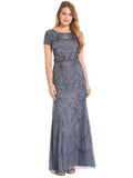 Adrianna Papell Blouson Embroidered Beaded Short Sleeve Dress Gown Dusty Blue 4
