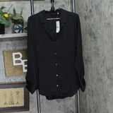 Rafaella Plus Size Notch Collar Satin Long Sleeve Button-Down Blouse Black 1X