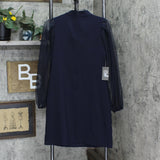 Vince Camuto Womens Bow Neck Shift Dress with Flock Mesh Dot Sleeves Navy Blue 4