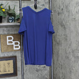 H By Halston Women Jet Set Jersey V-Neck Cold Shoulder Shirt Top Broadway Blue S