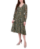 Ny Collection Sleeve Clip Dot Chiffon Dress with Smocked Waist Olive Green XL