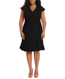 London Times Womens Plus Size Cascade Ruffle Faux-Wrap Dress T6702W Black 24W