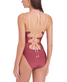 Sanctuary Womens Layered Plunging One-Piece Swimsuit Garnet Red / Pink M
