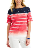 Karen Scott Watercolor American Flag Boatneck Rolled-Cuff Tee Amore Red Multi L