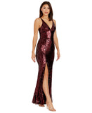 Dress The Population Sequin Bodycon High Side Slit V Neck Maxi Dress Port Red L