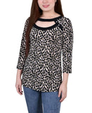 Ny Collection Petite 3/4 Sleeve with Combo Bands and Front Cutout Top PCKU0515P