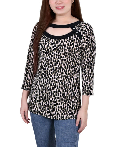 Ny Collection Petite 3/4 Sleeve with Combo Bands and Front Cutout Top PCKU0515P