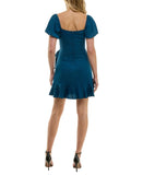 Trixxi Puff-Sleeve Side-Tie Fit Flare Faux Wrap Mini Dress Dark Teal Blue S