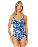 Anne Cole Hidden Underwire Drape Front One Piece Swimsuit Tie Dye Ikat Blue 16