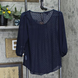 AB Studio Womens Lined Sheer Woven Textured Blouse Shirt Top Navy Blue S