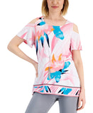 JM Collection Printed Cold Shoulder Top with Necklace Pink Gemstone Combo XL